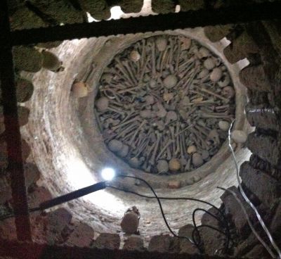 A glimpse of one of many pits holding bones in the catacombs of the San Francisco Monastery.