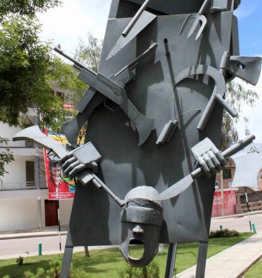 A sculpture in the Parque de Memoria (Memory Park) in Ayacucho depicts a blindfolded victim of the Shining Path war who was threatened by both the leftist rebels and the Peruvian military.