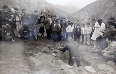 The exhumation of the bodies of nine students and one professor in July 1992. A year earlier, they had been arrested,  executed and secretly buried by an army death squad.