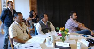 Work session of the MWC Global Anabaptist Profile Project. (Pictured L-R) Cesar Montenegro (Guatemala); Diego Martinez (Colombia); Andrea Moya (Ecuador); Alfonso Cabana (Paraguay); Tiago Lemes (Brazil) (photo courtesy of John D. Roth).