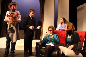 (L-R) Esra Heisey as Antonio, Ben Ganger as Count Almaviva, Paul Zehr as Figaro, Miranda Earnhart as Countess Almaviva, and Sadie Gustafson-Zook as Susanna. (Photo by Brett Conrad/Goshen College)