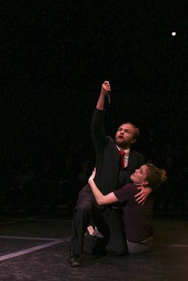 Et tu, Brute? Brutus (played by Martin Flowers) puts a knife to Caesar (played by Christina Hofer) in Shakespeare's classic play "Julius Caesar." (Photo by Hannah Sauder)