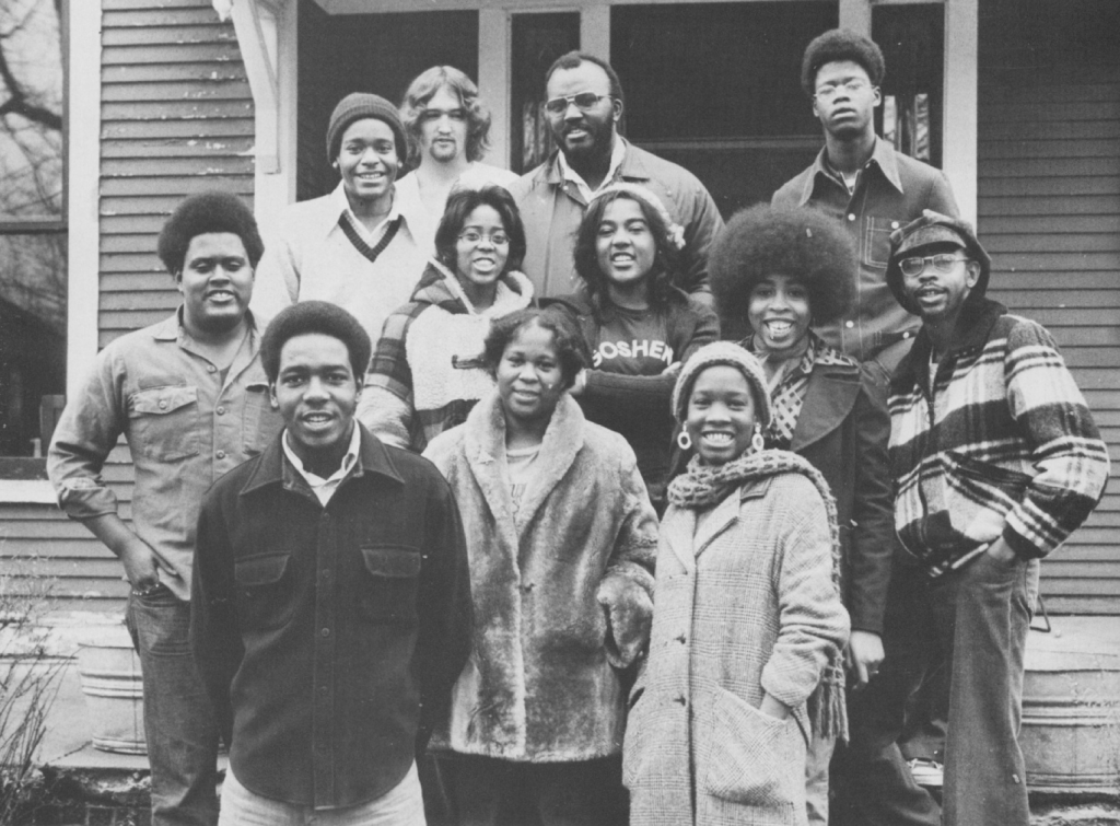 BSU picture in the 1975 Goshen College Maple Leaf - front: Ray Wentz, Rosemary Smart, Gloria Singleton; middle: Leamon Sowell, Debbie Blackwell, Jan Ingram, Brenda Rivers, David McKim; back: George Sharp, George Yoder, Art Griffin, Charles Boswell.