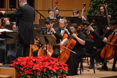 Cellists on stage with red flowers in the foreground