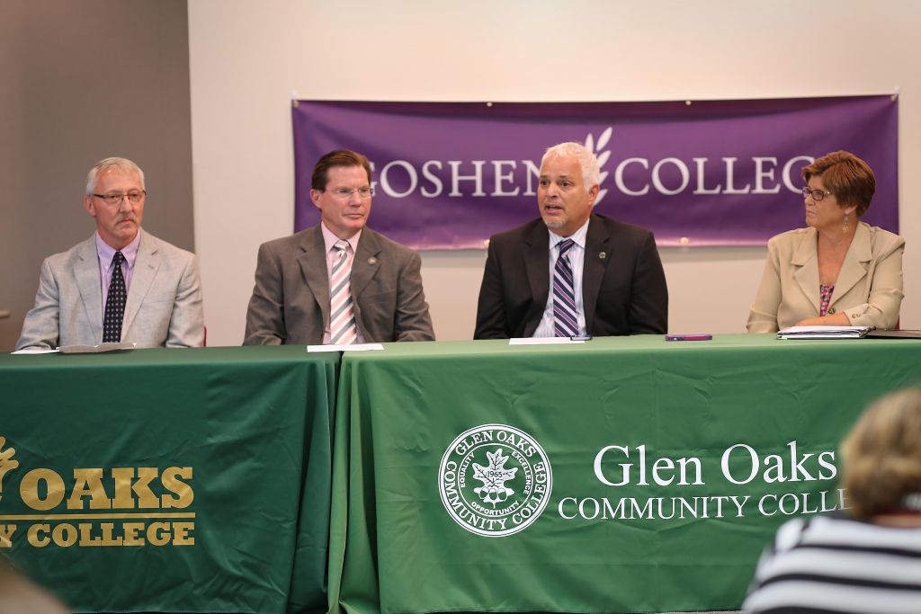 (L-R) Bill Lederman, director of nursing at Glen Oaks and Goshen College graduate; David Devier, Glen Oaks president; James Brennaman, Goshen College president; and Vicky Kirkton, director of the RN to BSN program at Goshen College